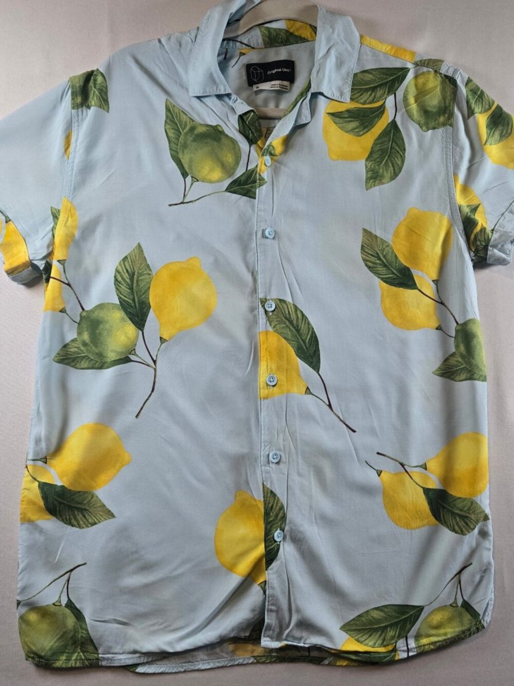 Original Use Men's S Blue Lemon Print Rayon Short Sleeve Button Up Shirt